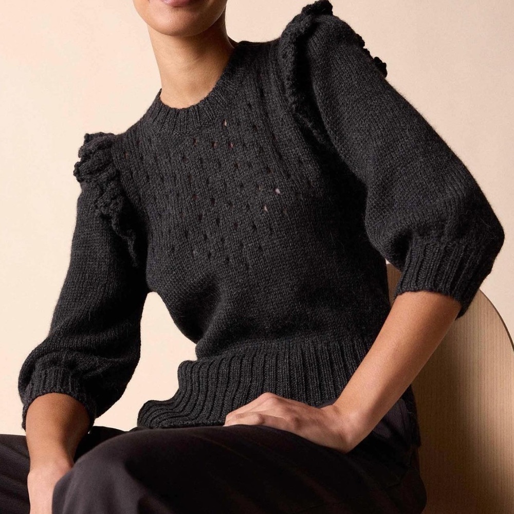St. Roche Alpaca Ruffle Pointelle Sweater Charcoal 3/4 Balloon Sleeves Medium - Picture 2 of 9